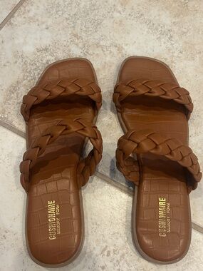 Cushionaire Tan Braided Double-Strap Slide Sandals for Women